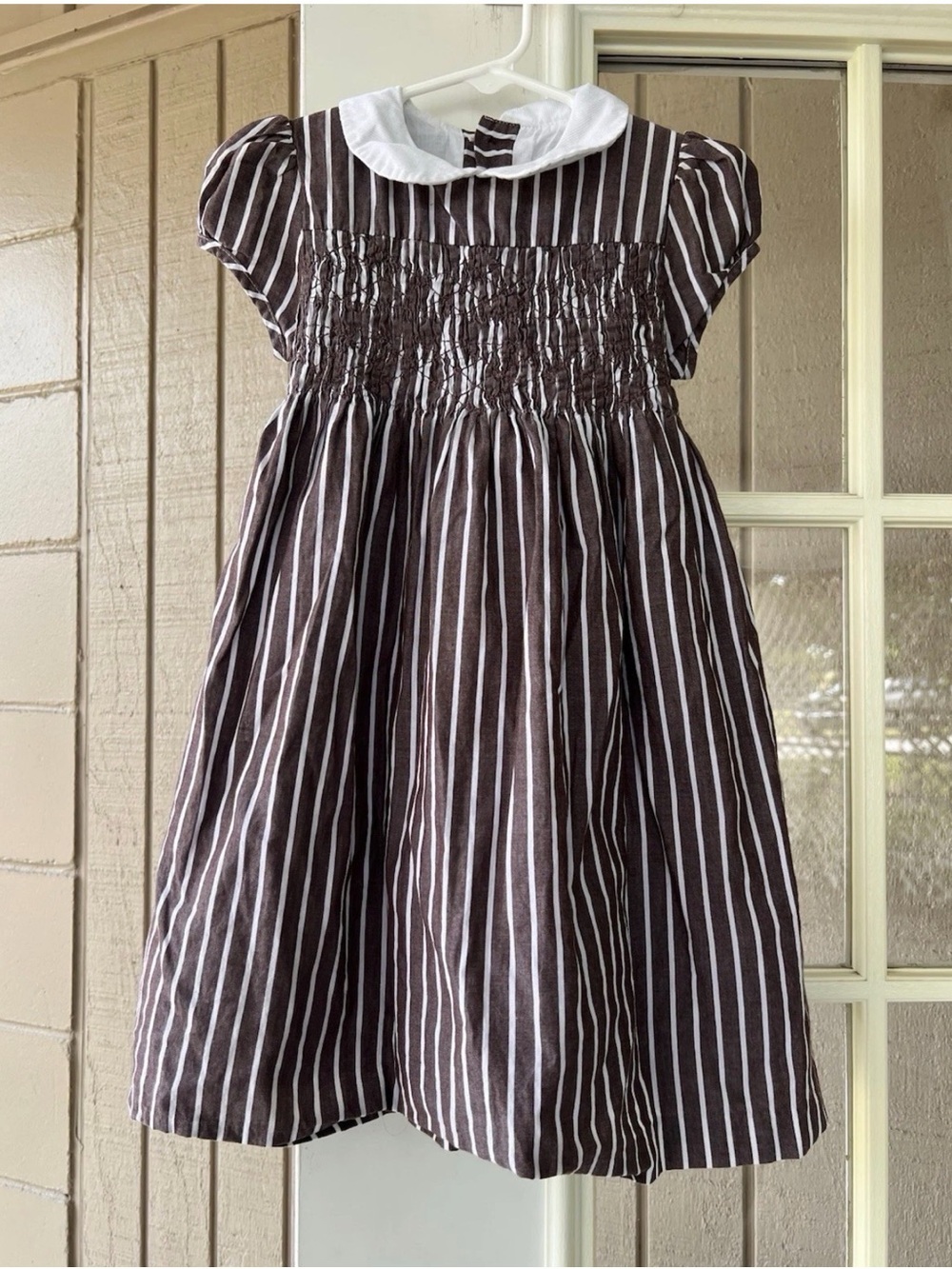 EPK France Brown and White Striped Smocked Dress with Peter Pan Collar - Size 4